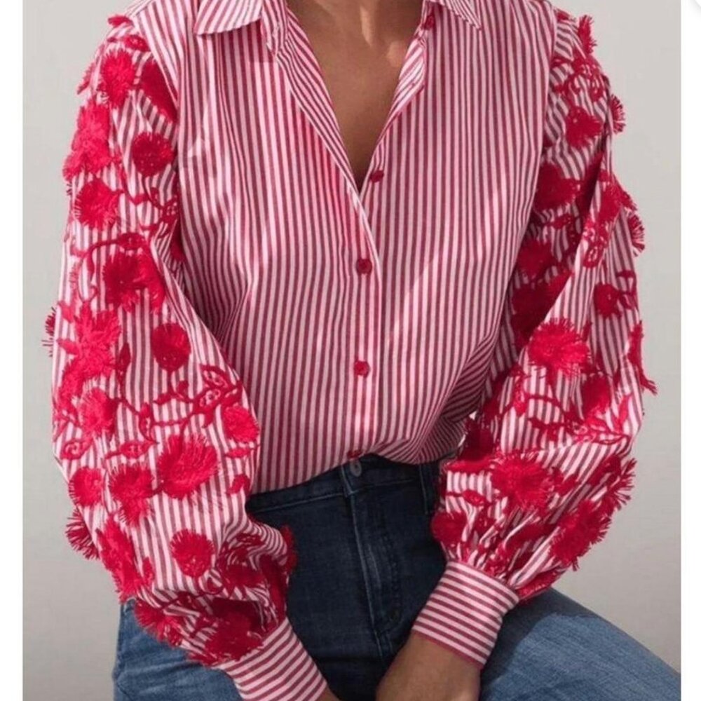 Chico's Red and White Striped Button-Down Shirt with Floral Applique Sleeves